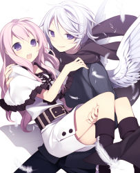 Rule 34 | 1boy, 1girl, :o, belt, blush, boots, capelet, carrying, feathers, hijiri (resetter), long hair, original, pink hair, princess carry, purple eyes, scarf, short hair, silver hair, white wings, wings
