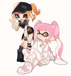 Rule 34 | 2girls, blue eyes, closed mouth, commentary, commission, earrings, full body, highres, inkling, inkling girl, inkling player character, jewelry, long hair, looking at viewer, medium hair, multiple girls, nintendo, octoling girl, octoling player character, one eye closed, open mouth, orange hair, pink hair, pointy ears, shoes, simple background, sitting, smile, splatoon (series), standing, star (symbol), star earrings, tentacle hair, twintails, w, white background, white footwear, yellow eyes, ze090