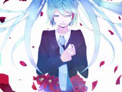 Rule 34 | 1girl, aqua eyes, bad id, bad pixiv id, blazer, crying, dress shirt, flower, green eyes, green hair, hair ornament, hands on own chest, hatsune miku, highres, jacket, long hair, looking down, matching hair/eyes, open mouth, petals, sad, shirt, simple background, solo, tarbo (exxxpiation), teardrop, tearing up, tears, twintails, upper body, vocaloid, white background, white shirt