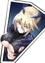 Rule 34 | 1girl, armor, artoria pendragon (all), artoria pendragon (fate), artoria pendragon (lancer alter) (fate), blonde hair, braid, breasts, fate/grand order, fate (series), hair between eyes, headpiece, highres, i.f.s.f, large breasts, pauldrons, saber (fate), saber alter, shoulder armor, sidelocks, solo, underboob, upper body, yellow eyes
