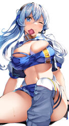 Rule 34 | 1girl, absurdres, bandeau, banned artist, belko, blue bandeau, blue eyes, blue hair, blue skirt, breasts, cleavage, closed mouth, condom, condom in mouth, cropped jacket, gotland (kancolle), headphones, headset, highres, jacket, kantai collection, large breasts, long hair, looking at viewer, microphone, midriff, mole, mole under eye, mouth hold, official alternate costume, one eye closed, ponytail, race queen, sitting, skirt, solo, thighhighs, white jacket, white over-kneehighs, white thighhighs