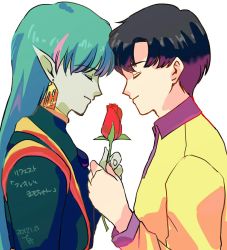 Rule 34 | 2boys, bishoujo senshi sailor moon, bishoujo senshi sailor moon r, bishoujo senshi sailor moon r: the movie, black hair, chiba mamoru, closed eyes, colored skin, earrings, fiore (sailor moon), flower, forehead-to-forehead, green hair, green skin, heads together, jewelry, long hair, male focus, multicolored hair, multiple boys, pointy ears, profile, puchi (wamsnzs), rose, short hair, two-tone hair, yaoi