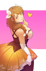 Rule 34 | 1girl, backboob, bare shoulders, black corset, black pantyhose, blush, braid, braided ponytail, breasts, brown hair, cleavage, corset, dress, eili enie, elbow gloves, finger to head, fire emblem, fire emblem engage, flower, flower on head, gloves, goldmary (fire emblem), heart, highres, index finger raised, large breasts, low ponytail, mole, mole on breast, nintendo, pantyhose, parted lips, pleated skirt, short dress, single elbow glove, skirt, yellow dress, yellow eyes, yellow skirt