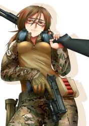 Rule 34 | 1girl, airsoft, ammunition, brown eyes, brown hair, camouflage, didloaded, ear protection, gloves, gun, military, original, pump action, remington 870, remington arms, safety glasses, shotgun, shotgun shell, smith &amp; wesson, solo, trigger discipline, weapon