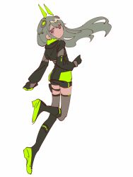 Rule 34 | 1girl, absurdres, animal ears, black footwear, black jacket, black shorts, boots, chaul, close game/offline (project sekai), full body, green hair, grey thighhighs, highres, jacket, kusanagi nene, long hair, long sleeves, looking at viewer, mechanical ears, pouch, project sekai, purple eyes, rabbit ears, shorts, sidelocks, simple background, solo, thigh pouch, thighhighs, very long hair, white background