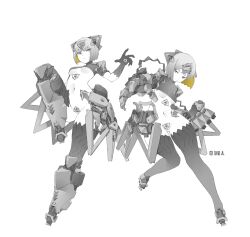 Rule 34 | 2girls, armor, arrow (symbol), blonde hair, body markings, breasts, closed mouth, colored inner hair, crossed bangs, cyborg, expressionless, eyes visible through hair, full body, groin, hand up, headgear, highres, knee up, liren44, looking at another, looking at viewer, mechanical arms, mechanical legs, metal, monochrome, multicolored hair, multiple girls, navel, original, outstretched arm, science fiction, short hair, shoulder armor, sideways glance, simple background, small breasts, spot color, stomach, underboob