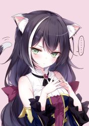 Rule 34 | ..., 1girl, animal ear fluff, animal ears, bare shoulders, black hair, blue sleeves, blush, breasts, brown background, cat ears, cat girl, cat tail, closed mouth, commentary request, detached sleeves, emia (castilla), fang, fang out, green eyes, hands up, highres, karyl (princess connect!), long hair, long sleeves, looking at viewer, medium breasts, multicolored hair, princess connect!, shirt, simple background, sleeveless, sleeveless shirt, solo, spoken ellipsis, steepled fingers, streaked hair, sweat, tail, tail raised, upper body, very long hair, white hair, white shirt, wide sleeves