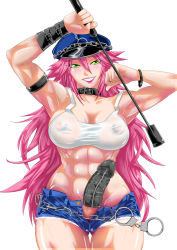Rule 34 | 1girl, abs, armpits, big hair, blue eyes, blue shorts, blush, breasts, bt mogami, censored, chain, cleavage, collar, condom, condom on penis, covered erect nipples, cuffs, denim, denim shorts, final fight, futanari, grin, handcuffs, hat, highres, large breasts, lipstick, long hair, makeup, midriff, mosaic censoring, muscular, muscular female, newhalf, open fly, peaked cap, penis, pink hair, poison (final fight), riding crop, shiny skin, short shorts, shorts, smile, solo, street fighter, tank top, thigh gap, unzipped, you gonna get raped