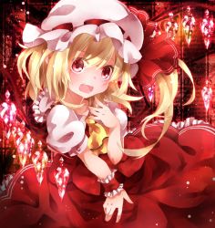 Rule 34 | 1girl, ascot, blonde hair, dress, flandre scarlet, hair ribbon, hat, looking at viewer, mob cap, open mouth, puffy sleeves, red dress, red eyes, ribbon, shirt, short sleeves, side ponytail, solo, touhou, toutenkou, wings, wrist cuffs