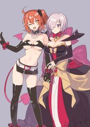 Rule 34 | 2girls, ;d, ahoge, anklet, bad id, bad twitter id, bandeau, black gloves, black legwear, bow, bracelet, breasts, brooch, choker, cosplay, demon tail, demon wings, detached collar, detached sleeves, disgaea, dress, earrings, elbow gloves, etna (disgaea), etna (disgaea) (cosplay), fate/grand order, fate (series), fujimaru ritsuka (female), gloves, hair ornament, hair over one eye, hair scrunchie, heart, heart tail, holding hands, interlocked fingers, jewelry, large breasts, makai senki disgaea, makai senki disgaea 2, mash kyrielight, midriff, miniskirt, multiple girls, navel, one eye closed, one side up, open mouth, orange hair, purple eyes, purple hair, ring, rozalin, rozalin (cosplay), scrunchie, short hair, side ponytail, skirt, smile, strapless, tail, thighhighs, tube top, wings, yayata (884), yellow eyes