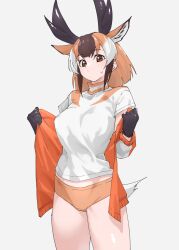 Rule 34 | 1girl, animal ear fluff, animal ears, bare legs, black gloves, breasts, brown buruma, brown eyes, brown hair, buruma, commentary, cowboy shot, extra ears, gloves, grey background, highres, horizontal pupils, horns, jacket, kemono friends, large breasts, long sleeves, looking at viewer, medium hair, multicolored hair, open clothes, open jacket, orange hair, orange jacket, pronghorn (kemono friends), shirt, short sleeves, simple background, solo, sweat, tail, tanabe (fueisei), thighs, track jacket, undressing, white hair