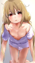 Rule 34 | 10s, 1girl, blonde hair, breasts, clothes writing, downblouse, covered erect nipples, extended downblouse, futaba anzu, highres, idolmaster, idolmaster cinderella girls, jorori, long hair, low twintails, no bra, shirt, small breasts, solo, t-shirt, twintails, you work you lose