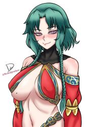 1girl artist_name bare_shoulders blush braid breasts bright_pupils cleavage closed_mouth commentary covered_erect_nipples cowboy_shot detached_sleeves fate/grand_order fate_(series) green_hair harem_outfit highres large_breasts long_hair looking_at_viewer low_twin_braids midriff mole mole_on_breast navel nose_blush parted_bangs pink_eyes revealing_clothes romulproduce salome_(fate) short_hair_with_long_locks sidelocks signature simple_background solo standing twin_braids twitter_username white_background white_pupils