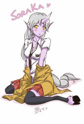 Rule 34 | 1girl, absurdres, alternate costume, blush, breasts, character name, cleavage, colored skin, contemporary, dated, dress shirt, heart, highres, hooves, horns, jacket, jacket off shoulders, league of legends, long hair, loose necktie, medium breasts, necktie, off shoulder, plaid, plaid skirt, pointy ears, ponytail, purple skin, shiroi ume, shirt, signature, silver hair, single horn, sitting, skirt, solo, soraka (league of legends), sweatdrop, very long hair, wariza, yellow eyes