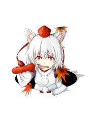 Rule 34 | 1girl, animal ears, autumn leaves, fangs, fingerless gloves, gloves, hat, highres, hole, inubashiri momiji, leaf, looking at viewer, open mouth, pom pom (clothes), red eyes, short hair, silver hair, simple background, solo, takumin (takumi415), tokin hat, touhou, white background, wolf ears