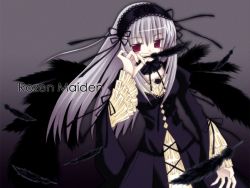 Rule 34 | 00s, 1girl, black feathers, feathers, frills, gothic lolita, grey background, headband, lolita fashion, rozen maiden, silver hair, simple background, solo, suigintou, wings