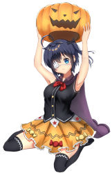 Rule 34 | 1girl, ahoge, alternate costume, arms up, bat hair ornament, black shirt, black thighhighs, blue eyes, bow, bowtie, breasts, buttons, candy, cape, chuunibyou demo koi ga shitai!, collared shirt, commentary request, dress shirt, eyepatch, food, grey background, hair ornament, halloween, holding, holding food, holding pumpkin, holding vegetable, large breasts, medical eyepatch, one side up, orange skirt, pumpkin, purple cape, red bow, red bowtie, shikkoku no hono mikado, shirt, simple background, skirt, smile, solo, star (symbol), star print, takanashi rikka, thighhighs, vegetable