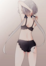 Rule 34 | 1girl, arm up, ass, bare shoulders, black bra, black panties, bra, commentary request, from behind, gradient background, grey hair, hair ribbon, haya bs, highres, konno junko, long hair, low twintails, panties, ribbon, shoulder blades, solo, twintails, underwear, underwear only, very long hair, zombie land saga