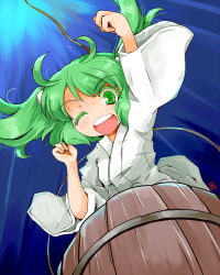 Rule 34 | 1girl, bucket, female focus, gradient background, green eyes, green hair, hair bobbles, hair ornament, in bucket, in container, kanoe soushi, kisume, matching hair/eyes, open mouth, smile, solo, touhou, twintails