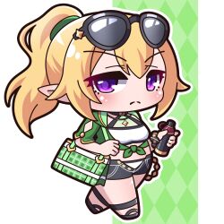 Rule 34 | &gt;:(, 1girl, absurdres, argyle, argyle background, bag, bikini, bikini under clothes, black footwear, black shorts, blonde hair, blush, breasts, chibi, chloe (princess connect!), chloe (winter) (princess connect!), closed mouth, commentary request, eyewear on head, full body, green background, green jacket, hair between eyes, highres, jacket, looking at viewer, medium breasts, open clothes, open fly, open shorts, outline, plaid, pointy ears, ponytail, princess connect!, purple eyes, saishosaisekojo, sandals, short shorts, short sleeves, shorts, sidelocks, solo, sunglasses, swimsuit, v-shaped eyebrows, walking, white background, white bikini, white outline