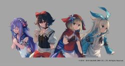 Rule 34 | 4girls, alice (grimms notes), apron, black hair, blonde hair, blue eyes, closed eyes, copyright notice, dress, gloves, green eyes, grimms notes, hair ribbon, hood, little mermaid (grimms notes), little red riding hood (grimms notes), makihitsuji, multiple girls, official art, open mouth, purple hair, red eyes, ribbon, snow white (grimms notes), upper body