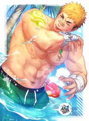 Rule 34 | 1boy, abs, aged up, bandaged arm, bandages, bandaid, bandaid on face, bandaid on nose, bara, blonde hair, blush, brown hair, bulge, cowboy shot, gozu farm, highres, large pectorals, male focus, male swimwear, multicolored hair, muscular, muscular male, navel, nipples, ooki ikutoshi, outdoors, pectorals, see-through, short hair, sideburns, solo, swim trunks, tokyo houkago summoners, tongue, tongue out, topless male, two-tone hair, water, yellow eyes