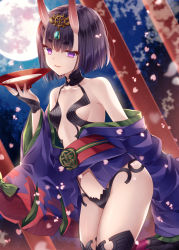 Rule 34 | 1girl, alcohol, bare shoulders, black thighhighs, blurry, blurry background, breasts, collarbone, commentary request, cup, depth of field, fate/grand order, fate (series), full moon, headpiece, holding, holding cup, horns, japanese clothes, kimono, looking at viewer, moon, nogi takayoshi, obi, off shoulder, oni, parted lips, petals, purple eyes, purple hair, purple kimono, sakazuki, sake, sash, short eyebrows, short hair, shuten douji (fate), skin-covered horns, small breasts, solo, thick eyebrows, thighhighs