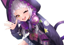 Rule 34 | 1girl, animal ears, animal hood, arched bangs, braid, cat ears, cat tail, grey hair, headphones, headphones around neck, highres, hololive, hood, hood up, hooded jacket, jacket, konkito, looking at viewer, murasaki shion, murasaki shion (school uniform), necktie, official alternate costume, one eye closed, open mouth, purple necktie, smile, solo, tail, virtual youtuber, yellow eyes