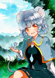 Rule 34 | 1girl, animal, animal ears, animal on hand, bad id, bad pixiv id, black skirt, black vest, blue sky, buttons, capelet, crystal, grass, grey capelet, grey hair, jewelry, layered clothes, long sleeves, looking at viewer, mouse (animal), mouse ears, mouse girl, mouse on hand, mouse tail, multicolored eyes, nazrin, orange eyes, outdoors, pendant, qqqrinkappp, shirt, short hair, skirt, sky, tail, touhou, traditional media, vest, white shirt