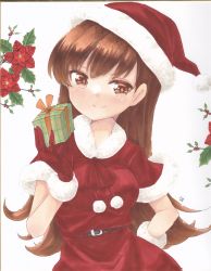 Rule 34 | 1girl, blunt bangs, box, brown eyes, brown hair, christmas, commentary request, dress, fur-trimmed dress, fur-trimmed gloves, fur-trimmed headwear, fur-trimmed sleeves, fur trim, gift, gift box, gloves, hat, highres, kantai collection, long hair, looking at viewer, marker (medium), ooi (kancolle), red dress, red gloves, red hat, santa costume, santa dress, santa hat, smile, solo, traditional media, yuuki chima