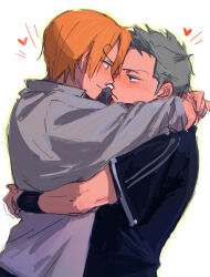 Rule 34 | 2boys, armband, black armband, black shirt, blonde hair, blush, commentary, curly eyebrows, expressionless, green hair, grey shirt, heart, highres, hug, long sleeves, looking at another, male focus, multiple boys, one piece, roronoa zoro, sanji (one piece), shirt, short hair, short sleeves, simple background, towne, upper body, v-shaped eyebrows, white background, yaoi