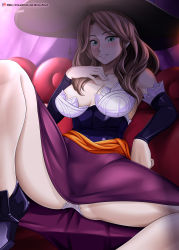 Rule 34 | 1girl, absurdres, breasts, brown hair, cosplay, couch, dorothea arnault, dragon&#039;s crown, dress, fire emblem, fire emblem: three houses, green eyes, hat, highres, large breasts, long hair, nintendo, parted lips, sitting, solo, sorceress (dragon&#039;s crown), sorceress (dragon&#039;s crown) (cosplay), spread legs, vilde loh hocen, watermark, web address, witch hat