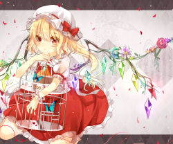 Rule 34 | 1girl, asymmetrical hair, asymmetrical wings, birdcage, blonde hair, bug, butterfly, cage, dress, flandre scarlet, flower, hat, insect, looking at viewer, mob cap, mokyuko, puffy short sleeves, puffy sleeves, red dress, shirt, short sleeves, side ponytail, sitting, sleeveless, sleeveless dress, solo, tears, touhou, white shirt, wings