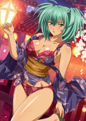 Rule 34 | 1girl, bare legs, bra, breasts, curvy, dress, female focus, green eyes, green hair, ikkitousen, japanese clothes, kimono, large breasts, looking at viewer, night, panties, ryofu housen, shiny skin, sky, twintails, underwear
