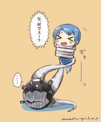Rule 34 | &gt; &lt;, ..., 1girl, 1other, :d, absurdly long hair, artist name, blue hair, chibi, commentary request, crying, enemy naval mine (kancolle), kantai collection, long hair, mae (maesanpicture), open mouth, samidare (kancolle), simple background, smile, spoken ellipsis, swept bangs, tentacles, translated, very long hair, xd