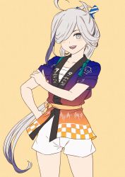 Rule 34 | 1girl, absurdres, asashimo (kancolle), chest sarashi, commentary request, cowboy shot, gradient clothes, grey background, grey eyes, hair between eyes, hair over one eye, hair ribbon, hand on own hip, happi, highres, japanese clothes, kanmiya shinobu, kantai collection, long hair, long sleeves, looking at viewer, official alternate costume, open mouth, orange background, ponytail, ribbon, sarashi, sharp teeth, simple background, solo, standing, teeth, very long hair
