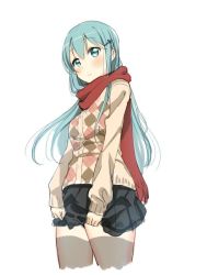 Rule 34 | 10s, 1girl, aqua eyes, aqua hair, argyle, argyle clothes, argyle sweater, bad id, bad twitter id, blush, cardigan, cowboy shot, enpera, hair ornament, hairclip, kantai collection, long hair, looking at viewer, scarf, simple background, skirt, skirt hold, solo, suzuya (kancolle), sweater, ume (plumblossom), white background