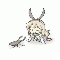 Rule 34 | 10s, 1girl, :3, animal ears, animated, animated gif, bad id, bad pixiv id, beetle, blonde hair, blush, blush stickers, bug, chibi, elbow gloves, gloves, insect, kantai collection, long hair, md5 mismatch, open mouth, rabbit ears, shimakaze (kancolle), simple background, skirt, solo, stag beetle, striped clothes, striped thighhighs, thighhighs, ugoira, white background, yuasan