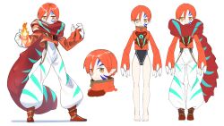 Rule 34 | 1girl, barefoot, character sheet, commentary request, copyright request, facial tattoo, fire, highleg, highleg leotard, highres, hip vent, larry (anjisbai), leotard, looking at viewer, magic, orange hair, pointy ears, scarf, short hair, slit pupils, smile, standing, tattoo, very short hair, white background, yellow eyes