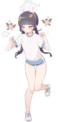 Rule 34 | 1girl, absurdres, animal ears, bare legs, bird, black hair, blue archive, blue buruma, blunt bangs, blush, buruma, clenched hands, closed eyes, closed mouth, facing viewer, fake animal ears, full body, gym uniform, halo, hands up, highres, leaf, leaf on head, long hair, miyu (blue archive), motion lines, official alternate costume, rabbit ears, shirt, shoes, simple background, sneakers, solo, spoken blush, sweat, twintails, white background, white footwear, white shirt, yogu (user rxdx2445)