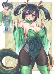 Rule 34 | 1girl, absurdres, adapted costume, ass, back, black pantyhose, blue eyes, blue hair, blush, border, breasts, chinese zodiac, cleavage cutout, clothing cutout, cowboy shot, dragon girl, dragon horns, dragon tail, green background, green leg warmers, green leotard, hair ribbon, highres, horns, kantai collection, large breasts, leg warmers, leotard, looking at viewer, open mouth, pantyhose, playboy bunny, ribbon, short hair, souryuu (kancolle), tail, thrux, twintails, white border, year of the dragon