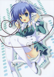 Rule 34 | 1girl, :d, absurdres, blue eyes, blue hair, blue panties, boots, fang, highres, legs, maid, maid headdress, mikeou, open mouth, panties, pantyshot, robot ears, short hair, smile, solo, striped clothes, striped panties, tail, thigh boots, thighhighs, underwear, white thighhighs