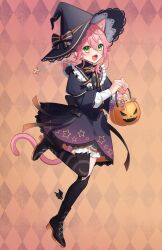 Rule 34 | 1boy, alternate costume, androgynous, animal ears, black dress, black thighhighs, bloomers, cat boy, cat ears, cat tail, dress, ensemble stars!, green eyes, halloween bucket, halloween costume, hat, highres, himemiya tori, looking at viewer, male focus, open mouth, pink hair, shino (sinotaro ), short hair with long locks, smile, solo, tail, thighhighs, underwear, white bloomers, witch hat