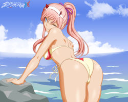 Rule 34 | 10s, 1girl, alternate hairstyle, ass, bare shoulders, bikini, blue eyes, blush, breasts, darling in the franxx, hair ribbon, hairband, horns, large breasts, leaning, leaning forward, long hair, looking at viewer, one eye closed, pink hair, purple ribbon, ribbon, shiba cyon, shiny skin, sideboob, smile, solo, swimsuit, two side up, wink, zero two (darling in the franxx)