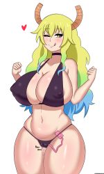 Rule 34 | 1girl, :d, absurdres, areola slip, bare arms, bare shoulders, bikini, black bikini, blonde hair, blue hair, breasts, cameltoe, cleft of venus, closed mouth, collarbone, covered erect nipples, cowboy shot, curvy, dragon horns, drunkavocado, green hair, heart, highres, horns, huge breasts, kobayashi-san chi no maidragon, long hair, looking at viewer, lucoa (maidragon), navel, one eye closed, open mouth, pussy juice, sex toy, simple background, smile, solo, swimsuit, thong, thong bikini, tongue, tongue out, unusual pupils, very long hair, vibrator, white background, wide hips, wink