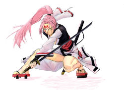 Rule 34 | 1girl, arc system works, baiken, fighting stance, geta, guilty gear, japanese clothes, katana, kimono, one-eyed, pink hair, ponytail, sandals, scar, scar across eye, scar on face, sheath, solo, squatting, sword, weapon