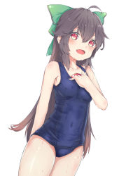 Rule 34 | 1girl, absurdres, ahoge, bare arms, blue one-piece swimsuit, bow, breasts, brown hair, chinese commentary, collarbone, cowboy shot, fang, feng ling (fenglingwulukong), green bow, hair between eyes, hair bow, highres, long hair, looking at viewer, one-piece swimsuit, open mouth, red eyes, reiuji utsuho, school swimsuit, simple background, skin fang, small breasts, solo, swimsuit, third eye, touhou, wet, white background