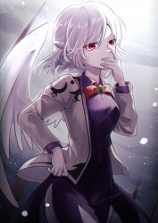 Rule 34 | 1girl, absurdres, covered mouth, covering own mouth, cowboy shot, dress, feathered wings, grey jacket, hand over own mouth, highres, jacket, kishin sagume, long sleeves, open clothes, open jacket, purple dress, red eyes, rokuya (68 zusao), short hair, signature, single wing, solo, touhou, white hair, white wings, wings