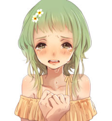 1girl 778gou bad_id bad_pixiv_id bad_tag female_focus flower fujimi_nanna green_eyes green_hair gumi hair_flower hair_ornament matching_hair/eyes short_hair simple_background solo tears vocaloid