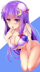 Rule 34 | 1girl, :o, bare shoulders, bikini, blue background, blue ribbon, blunt bangs, blush, bottomless, breasts, cleavage, crescent, crescent hair ornament, double bun, hair bun, hair ornament, hair ribbon, halterneck, highres, large breasts, long hair, looking at viewer, patchouli knowledge, purple bikini, purple eyes, purple hair, red ribbon, ribbon, rimu (kingyo origin), simple background, solo, swimsuit, touhou, tress ribbon, two-tone background, white background